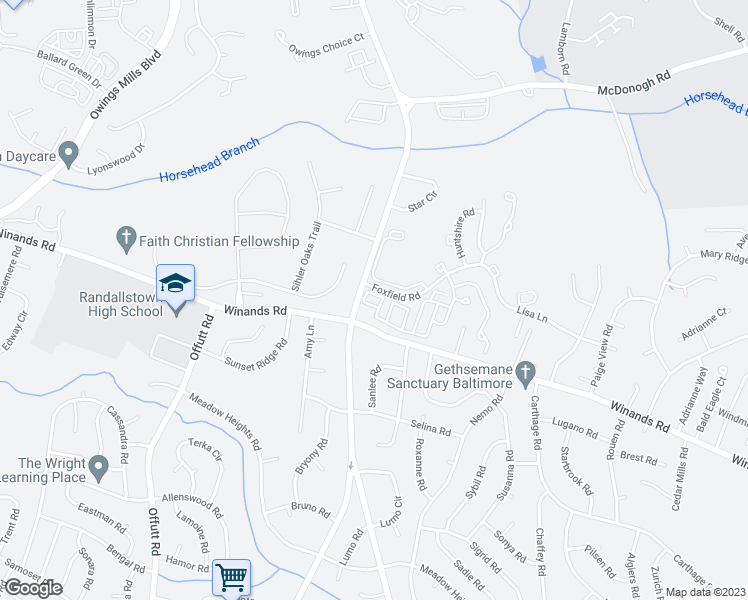 map of restaurants, bars, coffee shops, grocery stores, and more near 4134 Kennygreen Court in Randallstown