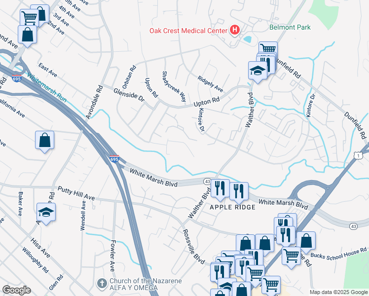 map of restaurants, bars, coffee shops, grocery stores, and more near 3711 Green Oak Court in Parkville