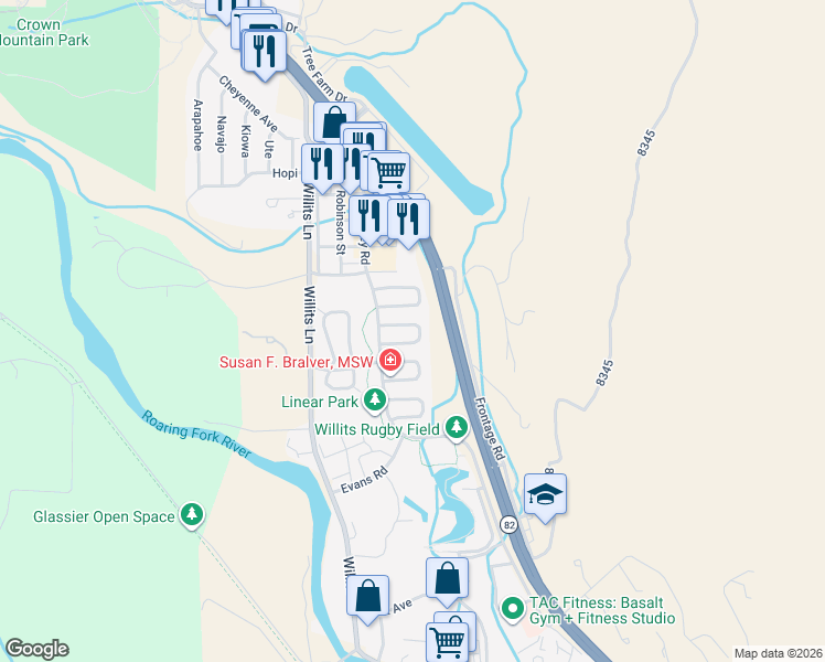 map of restaurants, bars, coffee shops, grocery stores, and more near 131 Valley Court in Basalt