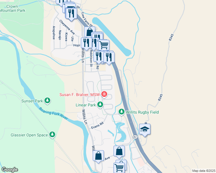 map of restaurants, bars, coffee shops, grocery stores, and more near 131 Valley Court in Basalt