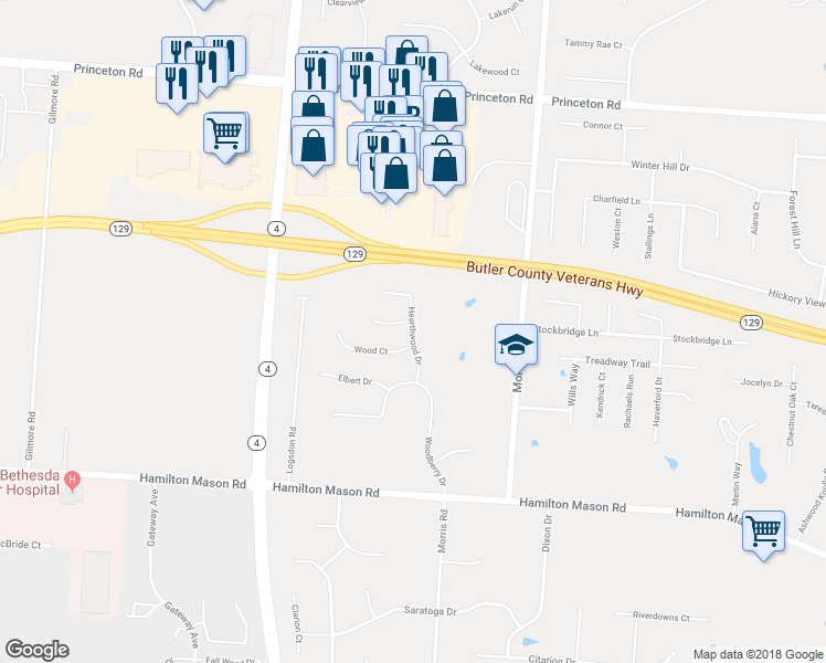 map of restaurants, bars, coffee shops, grocery stores, and more near Hearthwood Drive in Hamilton