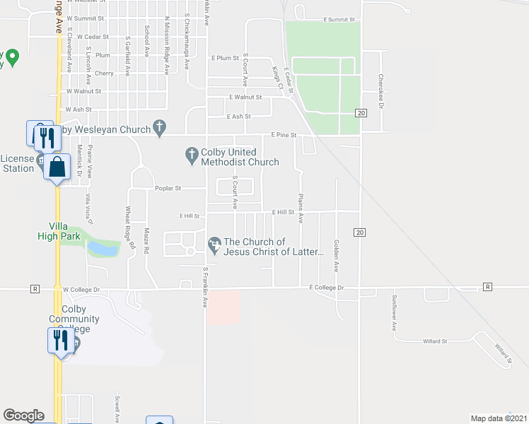 map of restaurants, bars, coffee shops, grocery stores, and more near East Hill Street in Colby
