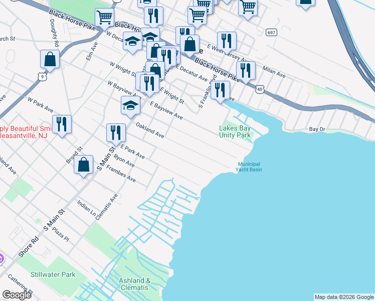 map of restaurants, bars, coffee shops, grocery stores, and more near 209 East Edgewater Avenue in Pleasantville