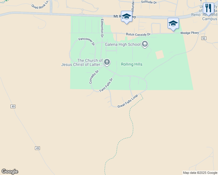 map of restaurants, bars, coffee shops, grocery stores, and more near 4125 Twin Falls Drive in Reno