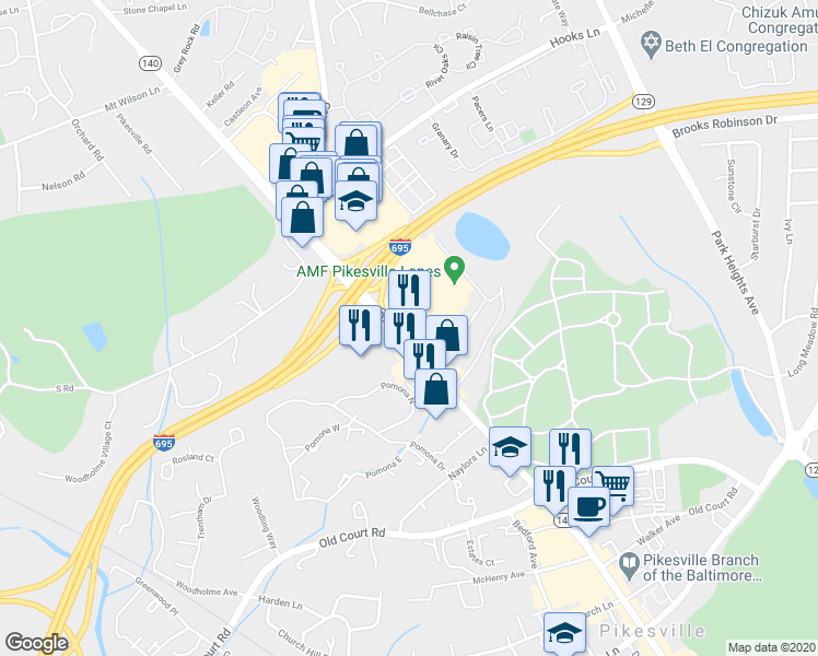 map of restaurants, bars, coffee shops, grocery stores, and more near 1721 Reisterstown Road in Pikesville