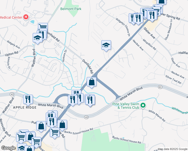map of restaurants, bars, coffee shops, grocery stores, and more near Dunfield Rd & Belair Rd in Nottingham