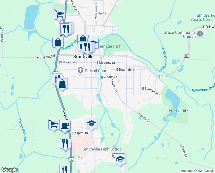 map of restaurants, bars, coffee shops, grocery stores, and more near 402 Winner Avenue in Smithville