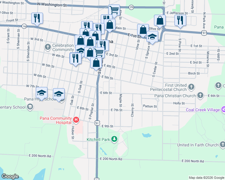 map of restaurants, bars, coffee shops, grocery stores, and more near 407 Maple Street in Pana