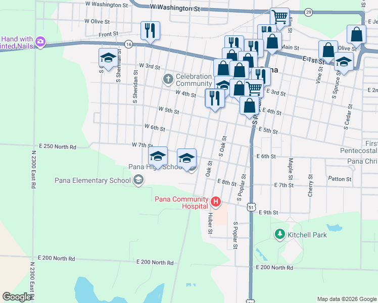 map of restaurants, bars, coffee shops, grocery stores, and more near 504 South Walnut Street in Pana