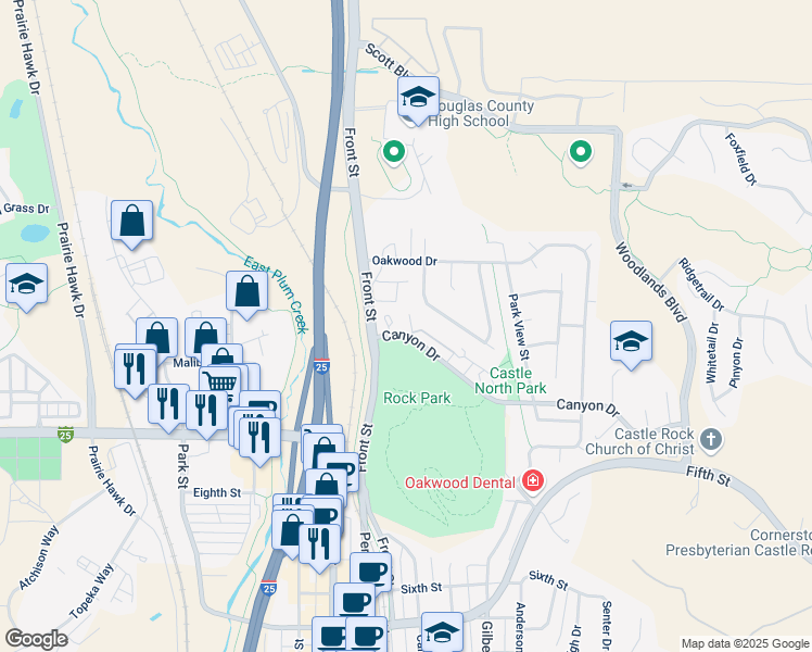 map of restaurants, bars, coffee shops, grocery stores, and more near 32 Mountain Shadows Court in Castle Rock