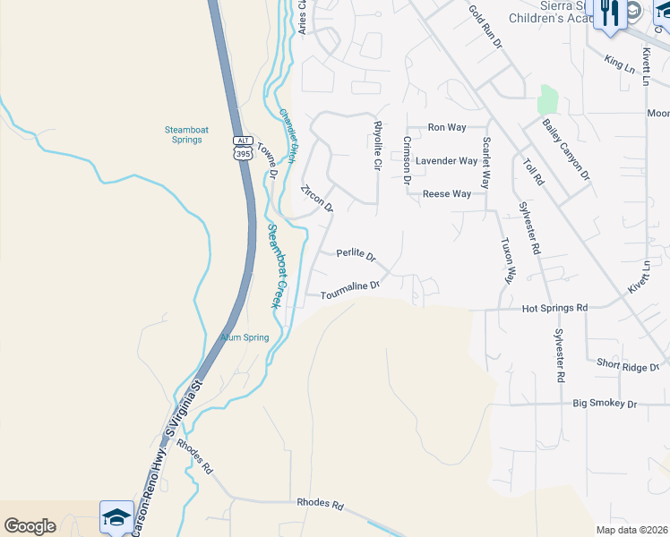 map of restaurants, bars, coffee shops, grocery stores, and more near 14045 Perlite Drive in Reno