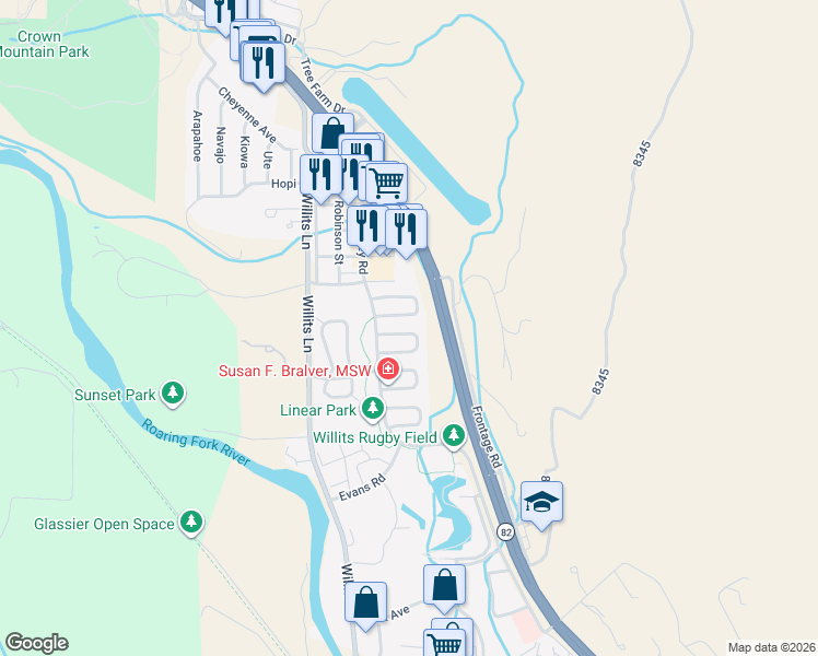 map of restaurants, bars, coffee shops, grocery stores, and more near 131 Valley Court in Basalt