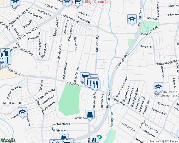 map of restaurants, bars, coffee shops, grocery stores, and more near 1706 Orlando Road in Parkville