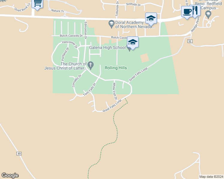 map of restaurants, bars, coffee shops, grocery stores, and more near 4452 White Fish Drive in Reno