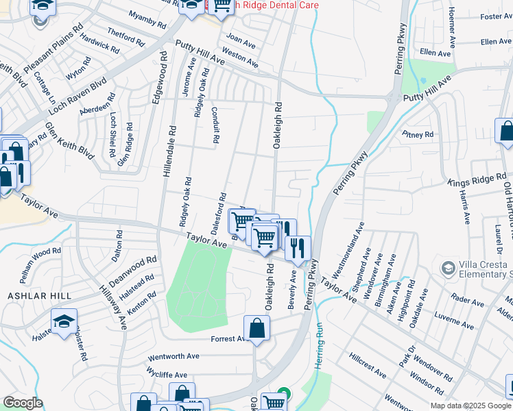 map of restaurants, bars, coffee shops, grocery stores, and more near 1706 Orlando Road in Parkville