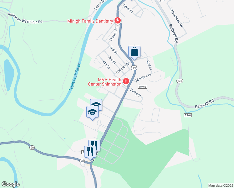 map of restaurants, bars, coffee shops, grocery stores, and more near 26 Fleming Street in Shinnston