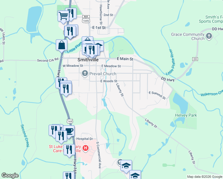 map of restaurants, bars, coffee shops, grocery stores, and more near 402 Winner Avenue in Smithville