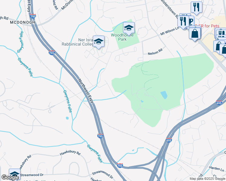 map of restaurants, bars, coffee shops, grocery stores, and more near 1723 Water Crossing Road in Pikesville