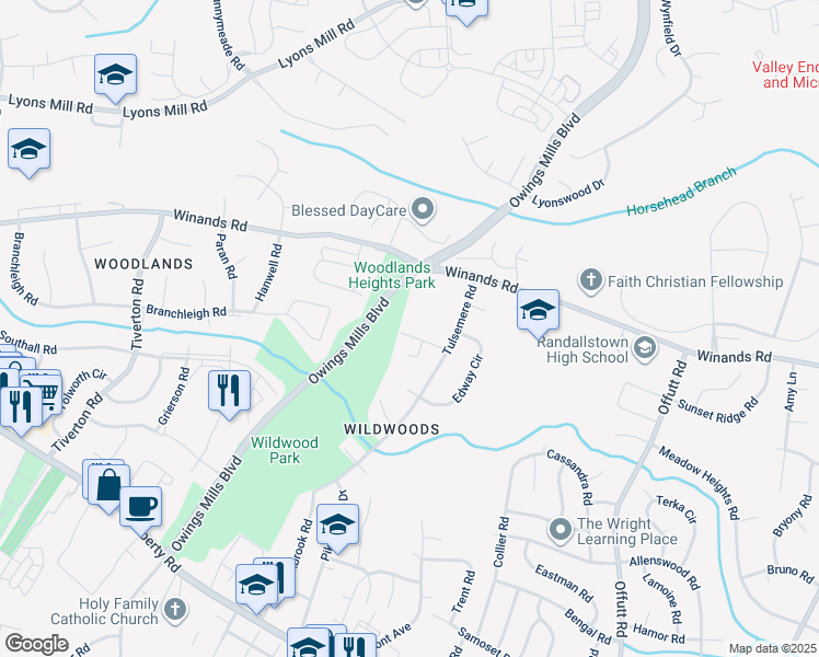 map of restaurants, bars, coffee shops, grocery stores, and more near 9410 Lencrest Road in Randallstown