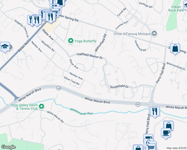 map of restaurants, bars, coffee shops, grocery stores, and more near 8500 Dolina Court in Perry Hall