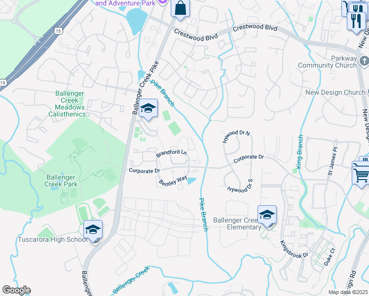 map of restaurants, bars, coffee shops, grocery stores, and more near 5502 Westcott Circle in Frederick
