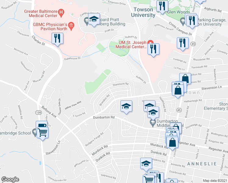 map of restaurants, bars, coffee shops, grocery stores, and more near 214 Brandon Road in Baltimore