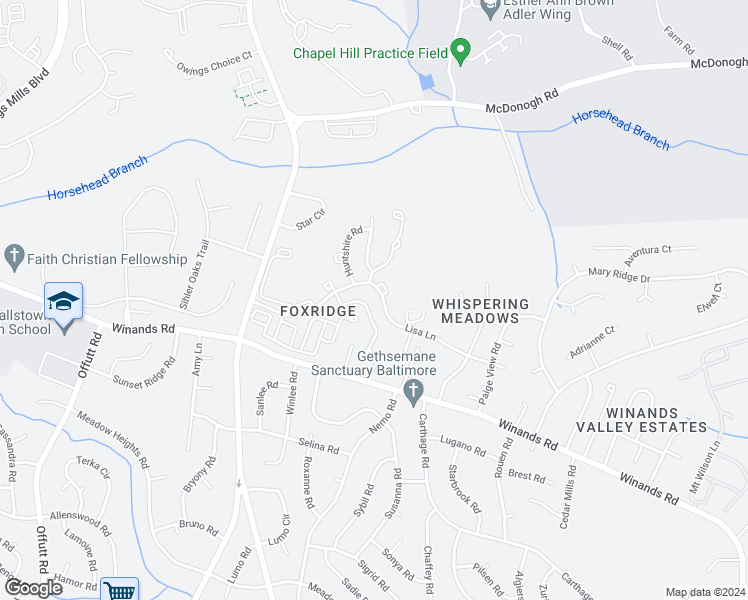 map of restaurants, bars, coffee shops, grocery stores, and more near 8652 Side Saddle Court in Randallstown