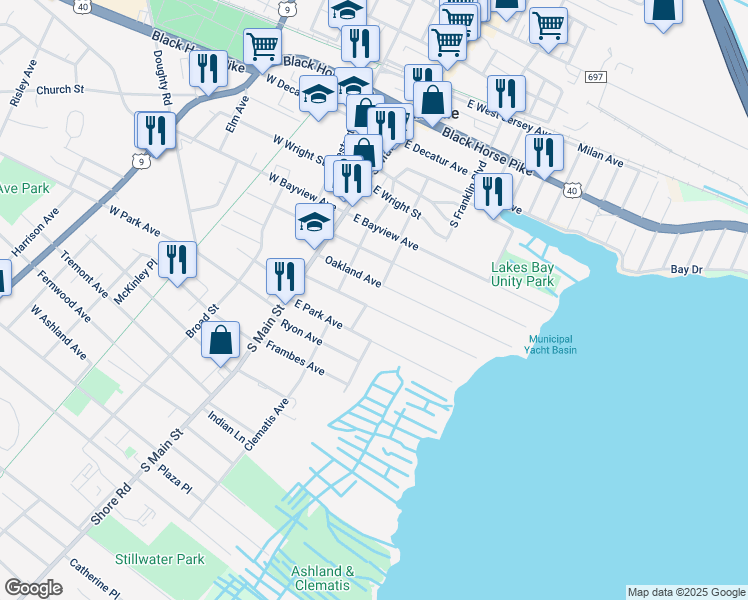 map of restaurants, bars, coffee shops, grocery stores, and more near 39 Oakland Avenue in Pleasantville