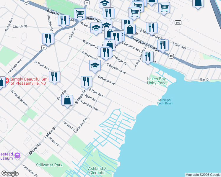 map of restaurants, bars, coffee shops, grocery stores, and more near 39 Oakland Avenue in Pleasantville