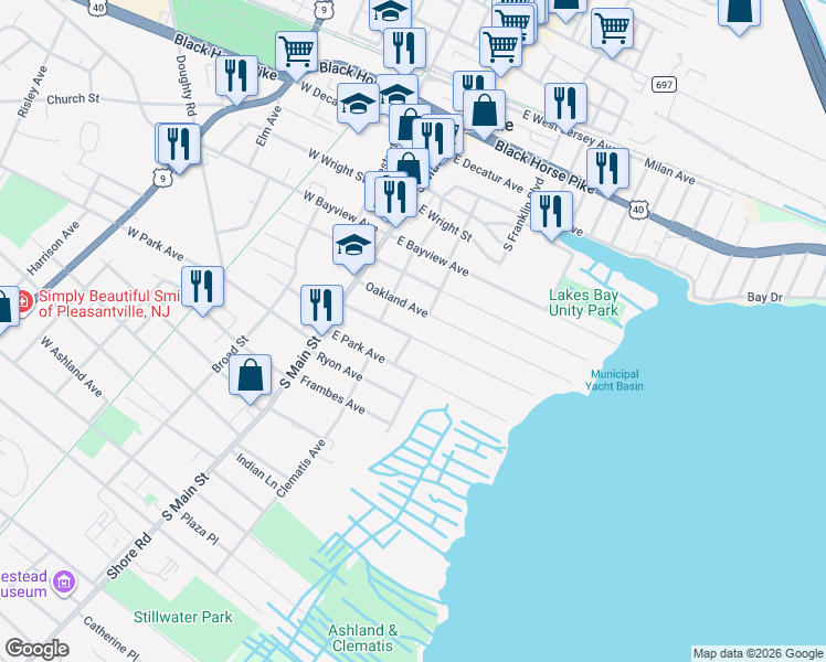 map of restaurants, bars, coffee shops, grocery stores, and more near 39 Oakland Avenue in Pleasantville