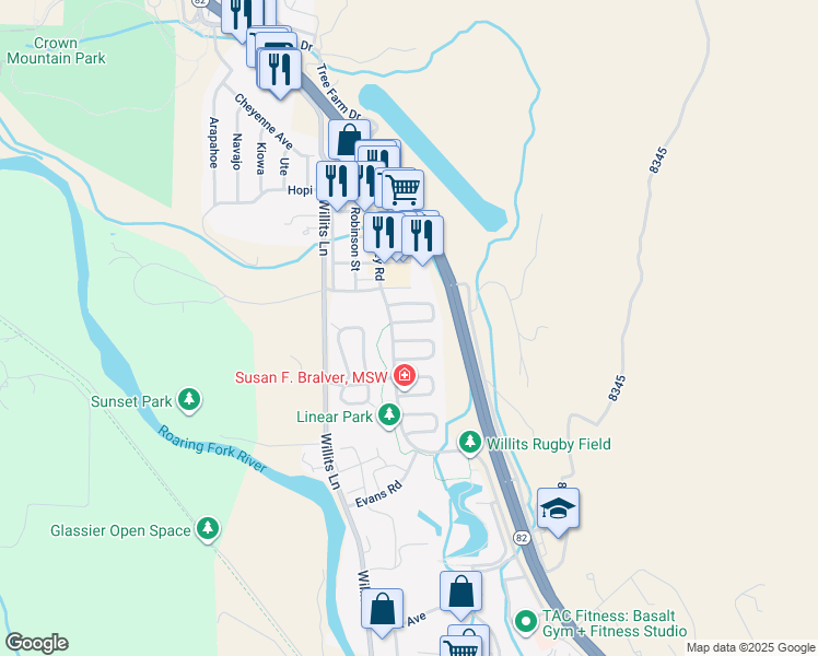 map of restaurants, bars, coffee shops, grocery stores, and more near 131 Valley Court in Basalt