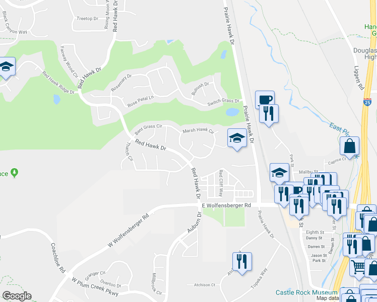 map of restaurants, bars, coffee shops, grocery stores, and more near 1751 Cooper Court in Castle Rock