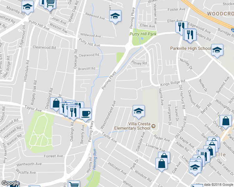 map of restaurants, bars, coffee shops, grocery stores, and more near 7917 Westmoreland Ave in Parkville