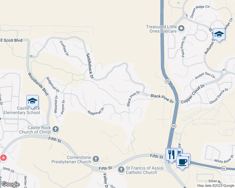 map of restaurants, bars, coffee shops, grocery stores, and more near 2470 Oak Vista Court in Castle Rock