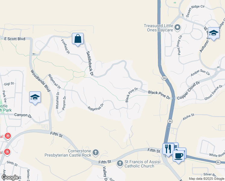 map of restaurants, bars, coffee shops, grocery stores, and more near 2470 Oak Vista Court in Castle Rock
