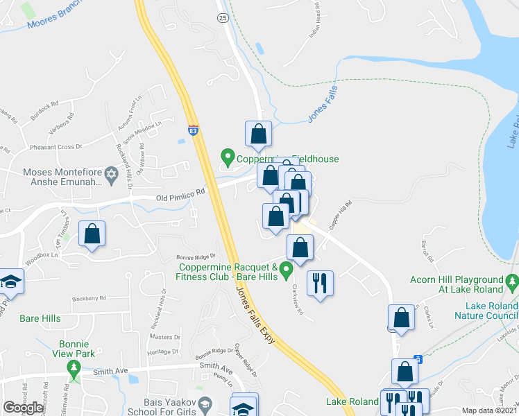 map of restaurants, bars, coffee shops, grocery stores, and more near 1406 Shoemaker Road in Baltimore