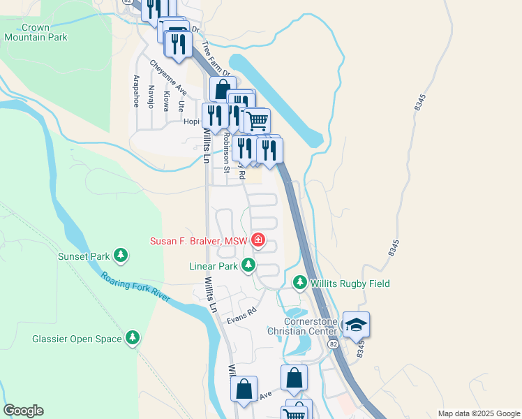 map of restaurants, bars, coffee shops, grocery stores, and more near 131 Valley Court in Basalt