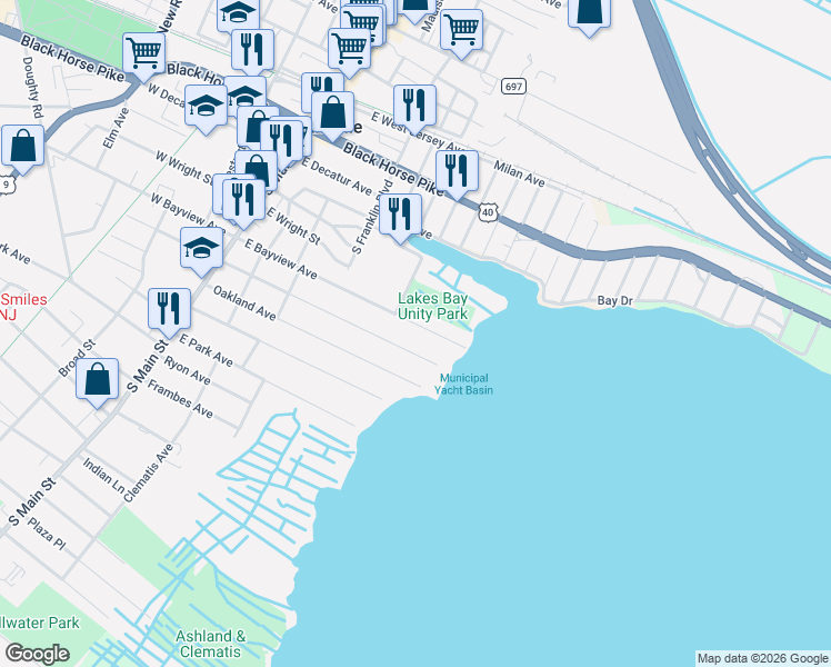 map of restaurants, bars, coffee shops, grocery stores, and more near 317 East Bayview Avenue in Pleasantville