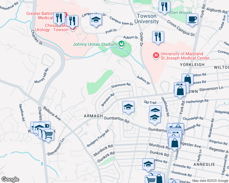map of restaurants, bars, coffee shops, grocery stores, and more near 202 Brandon Road in Baltimore