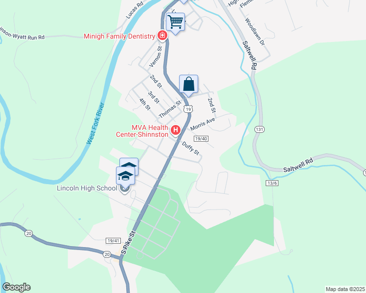 map of restaurants, bars, coffee shops, grocery stores, and more near 4 Duffy Street in Shinnston
