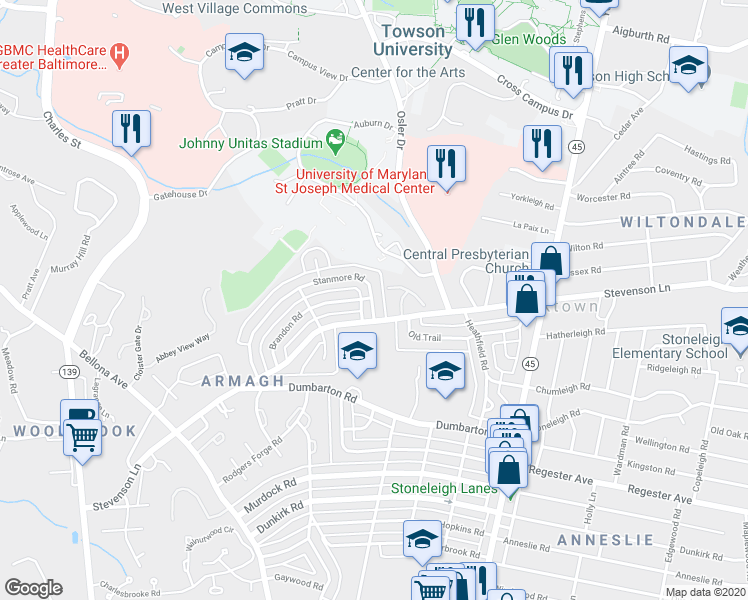map of restaurants, bars, coffee shops, grocery stores, and more near 328 Stanmore Road in Baltimore