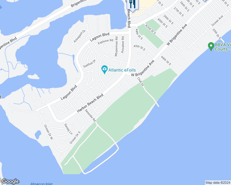 map of restaurants, bars, coffee shops, grocery stores, and more near 4800 Harbor Beach Boulevard in Brigantine