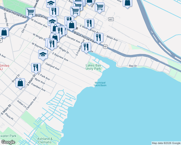 map of restaurants, bars, coffee shops, grocery stores, and more near 317 East Bayview Avenue in Pleasantville