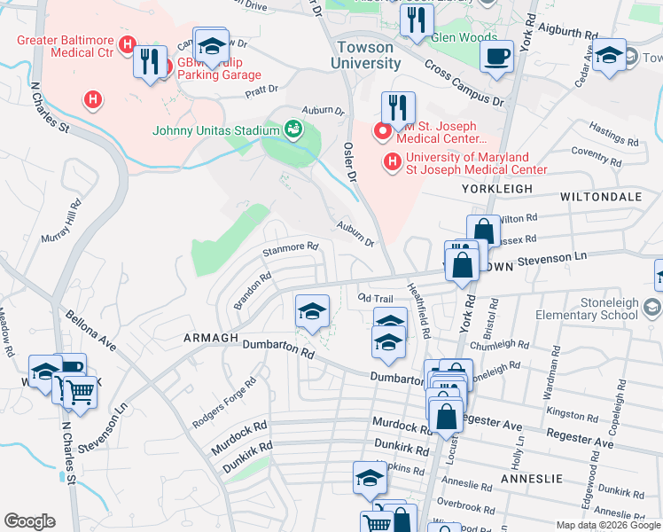 map of restaurants, bars, coffee shops, grocery stores, and more near 324 Stanmore Road in Baltimore
