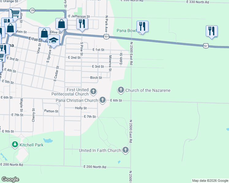 map of restaurants, bars, coffee shops, grocery stores, and more near 1000 East 6th Street in Pana