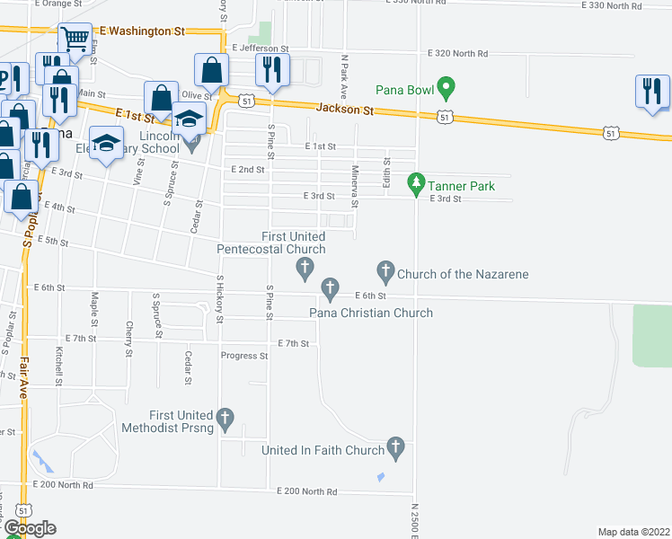 map of restaurants, bars, coffee shops, grocery stores, and more near 1000 East 6th Street in Pana