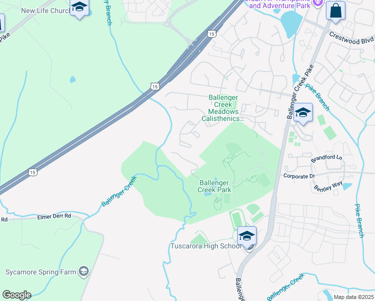 map of restaurants, bars, coffee shops, grocery stores, and more near 5485 Prince William Court in Frederick