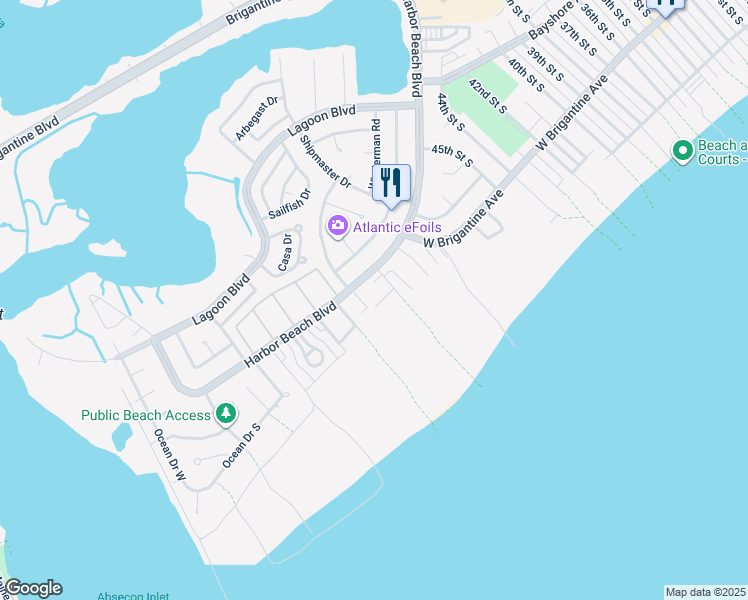 map of restaurants, bars, coffee shops, grocery stores, and more near 4800 Harbor Beach Boulevard in Brigantine