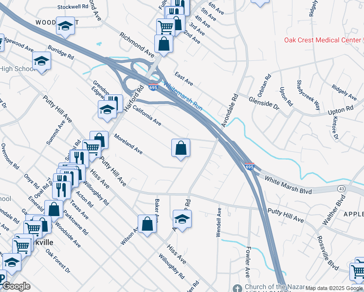 map of restaurants, bars, coffee shops, grocery stores, and more near 3104 Edgewood Avenue in Parkville