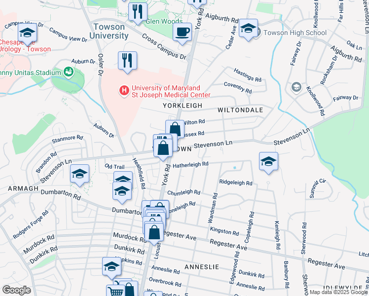 map of restaurants, bars, coffee shops, grocery stores, and more near 511 Stevenson Lane in Towson